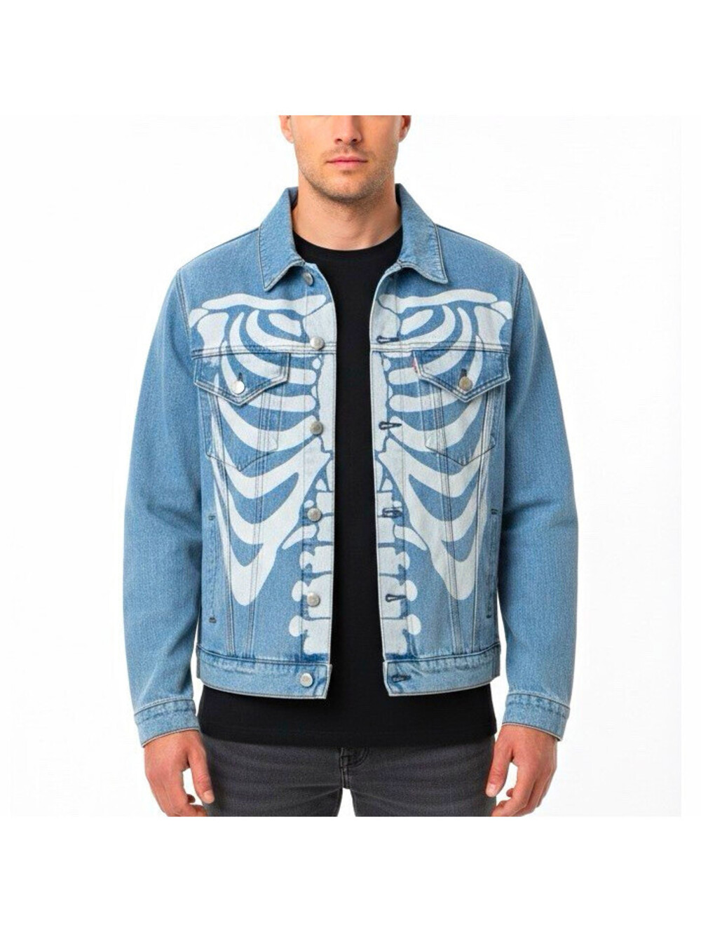 Nova Men Blue Skeleton Graphic Print Denim Jacket Button Front Pockets Medium